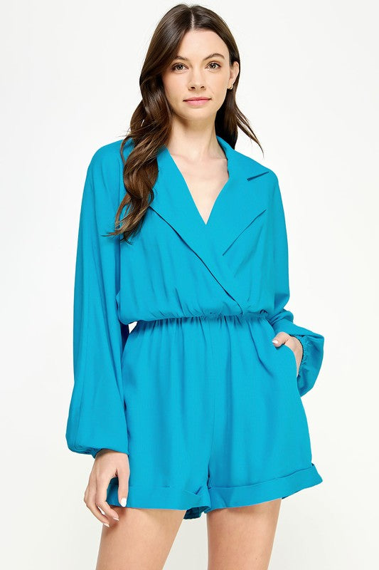 Wide Lapel Collar Linen Romper - Hawaiian Blue