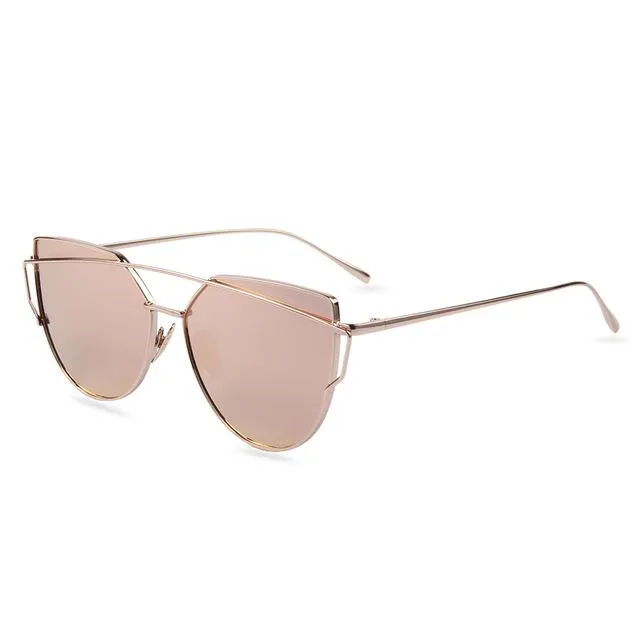 Women's Twin Beam Cat Eye Sunglasses with Rose Gold Flat Mirror Lens