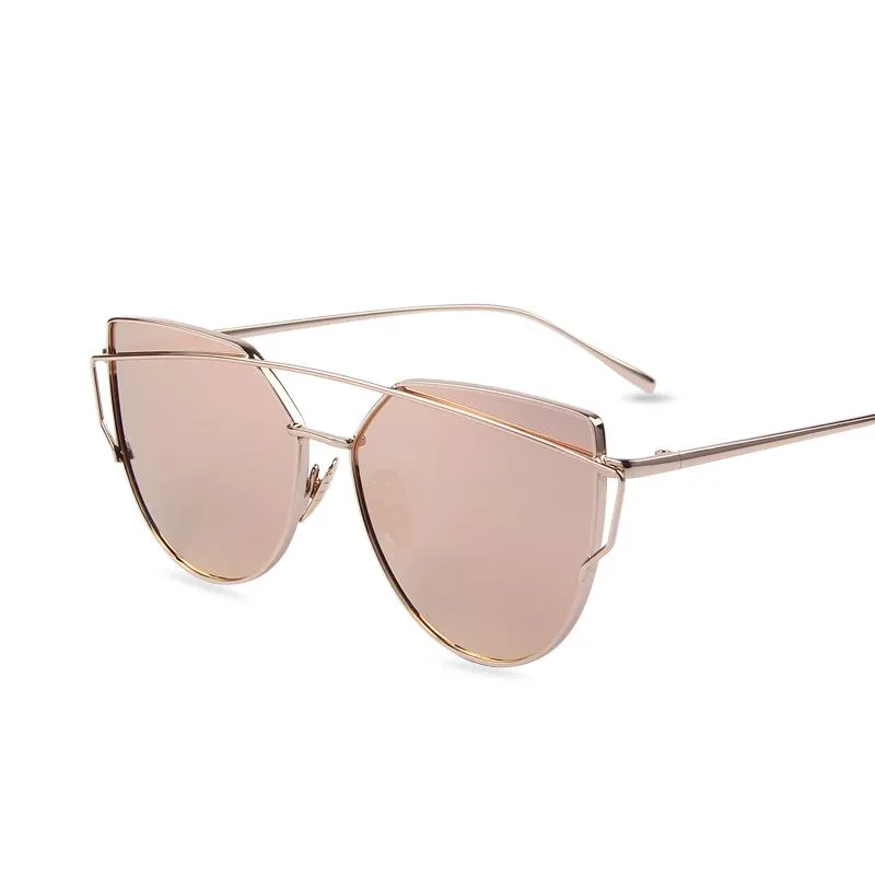 Women's Twin Beam Cat Eye Sunglasses with Rose Gold Flat Mirror Lens