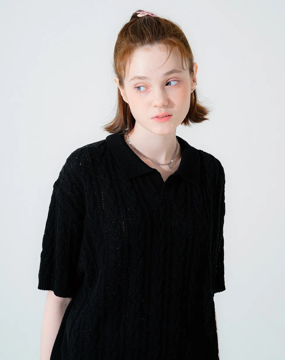 WV PROJECT  |[WV PROJECT]★SCASH CABLE OPEN COLLAR SHORT SLEEVE KNIT