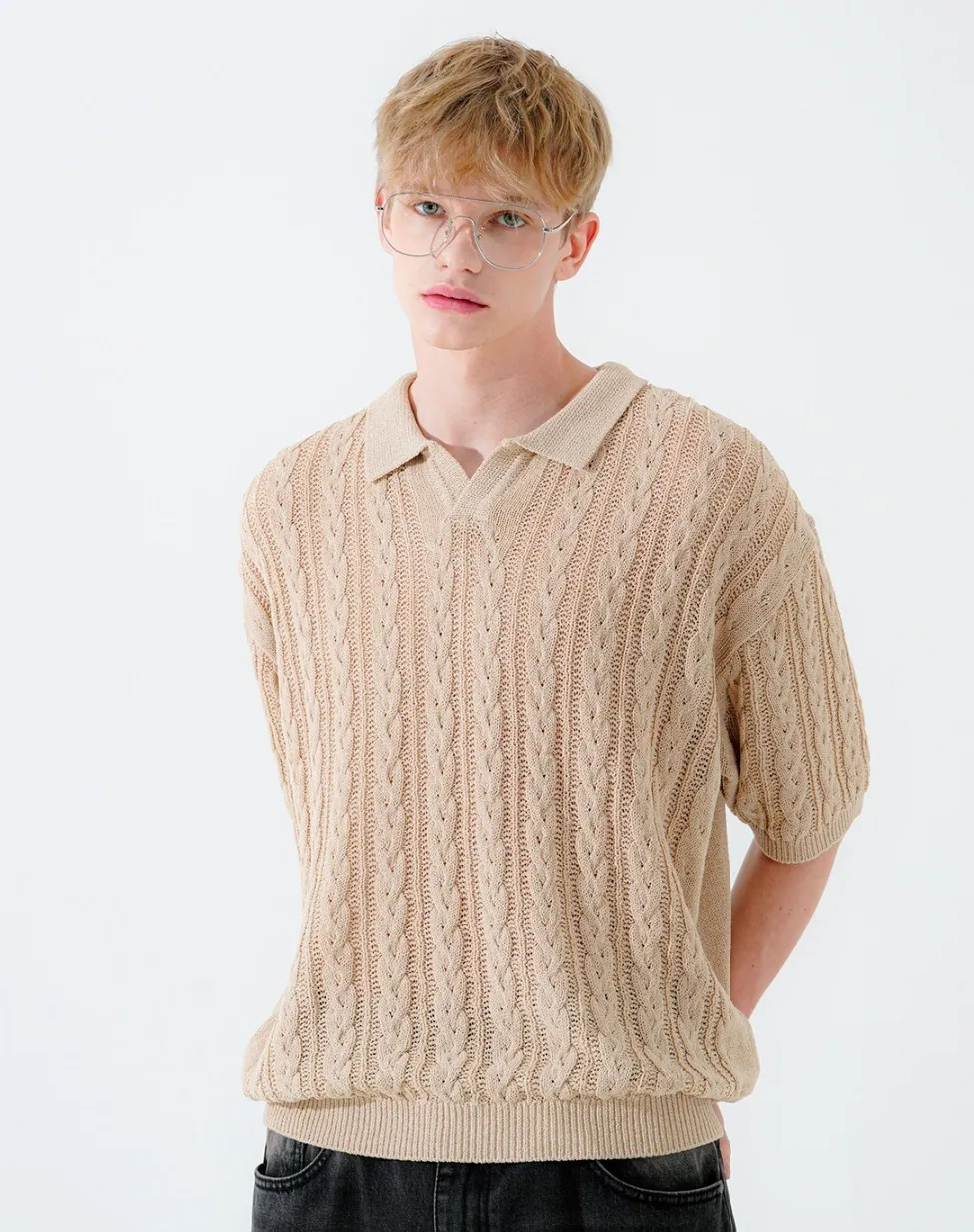 WV PROJECT  |[WV PROJECT]★SCASH CABLE OPEN COLLAR SHORT SLEEVE KNIT