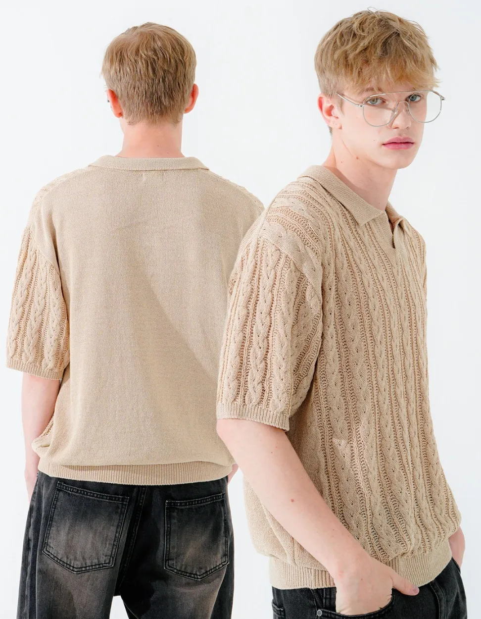 WV PROJECT  |[WV PROJECT]★SCASH CABLE OPEN COLLAR SHORT SLEEVE KNIT