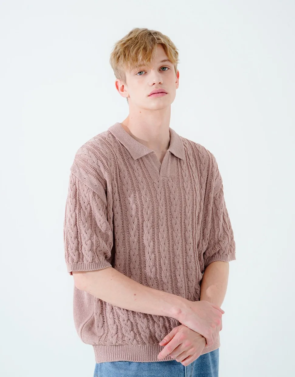 WV PROJECT  |[WV PROJECT]★SCASH CABLE OPEN COLLAR SHORT SLEEVE KNIT