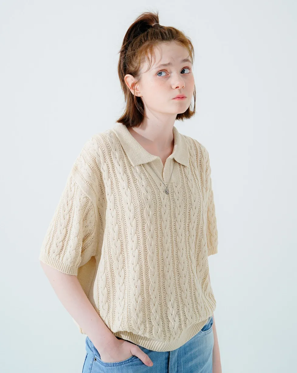 WV PROJECT  |[WV PROJECT]★SCASH CABLE OPEN COLLAR SHORT SLEEVE KNIT