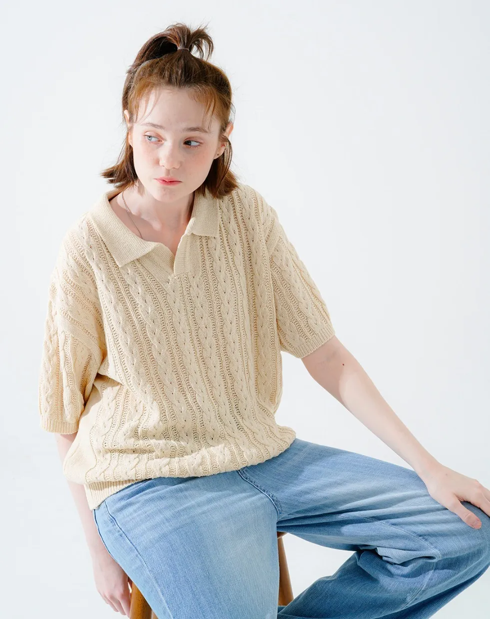 WV PROJECT  |[WV PROJECT]★SCASH CABLE OPEN COLLAR SHORT SLEEVE KNIT