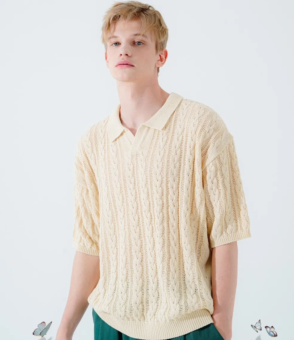 WV PROJECT  |[WV PROJECT]★SCASH CABLE OPEN COLLAR SHORT SLEEVE KNIT